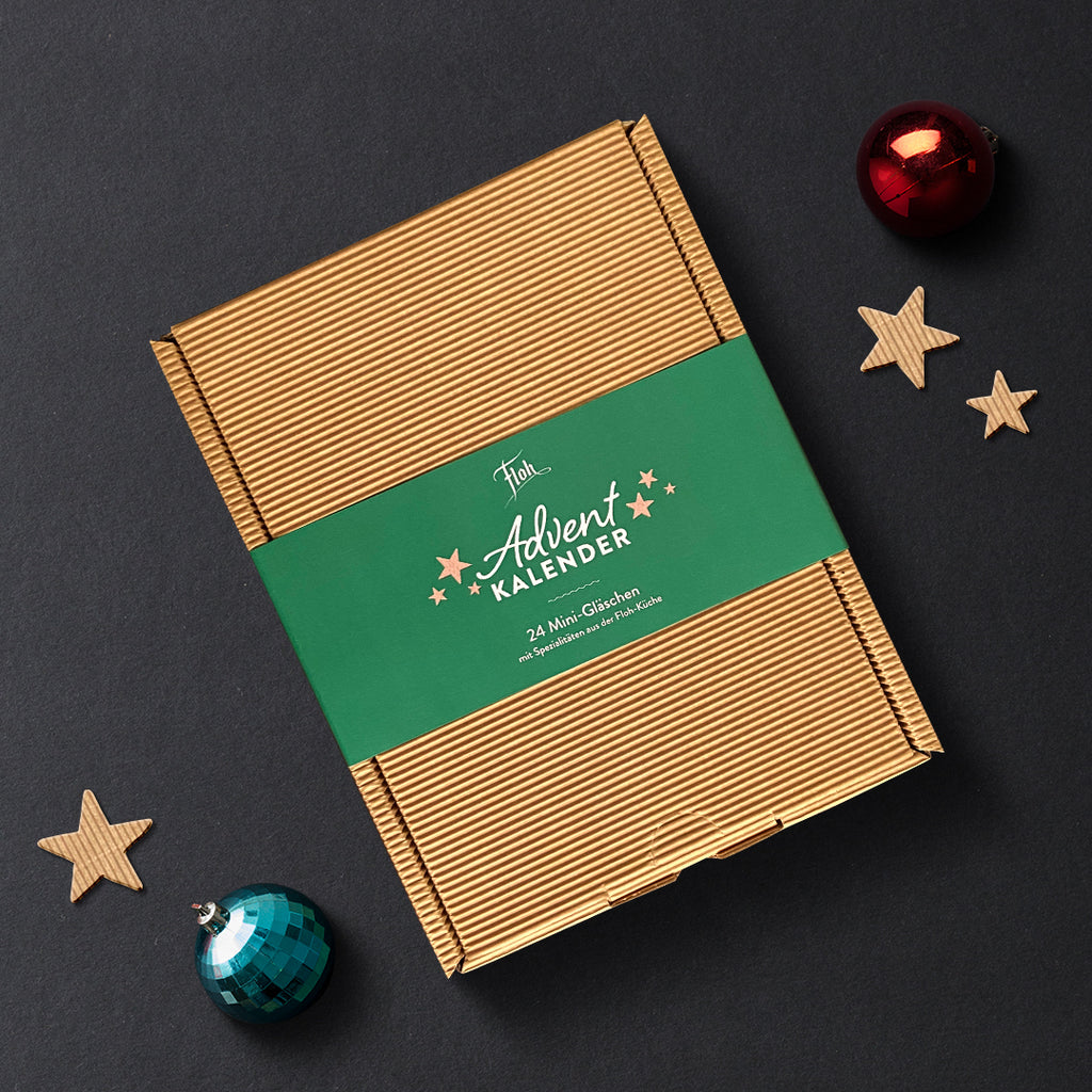Flohs Adventkalender in der geschmackvollen Weihnachts-Box